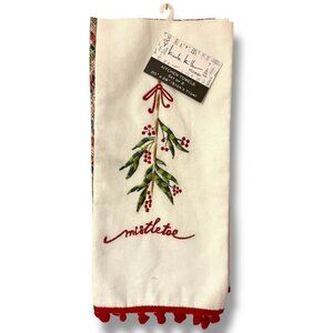 2~NICOLE MILLER HOME KITCHEN TOWELS CHRISTMAS MISTLETOE RED WAFFLE 100% COTTON